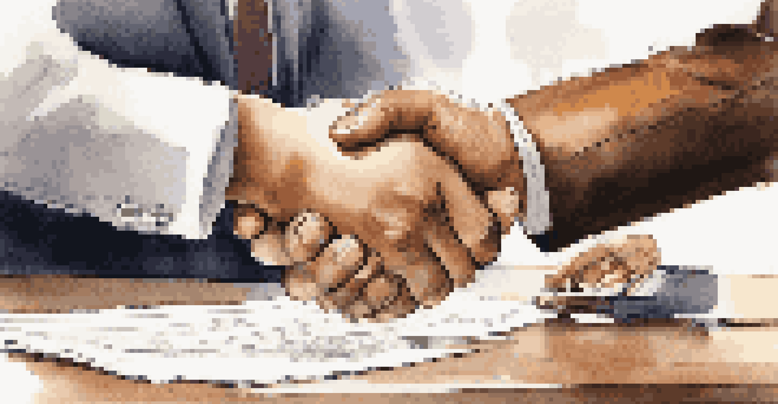 A close-up of two hands shaking over a contract, symbolizing trust and agreement in a negotiation.