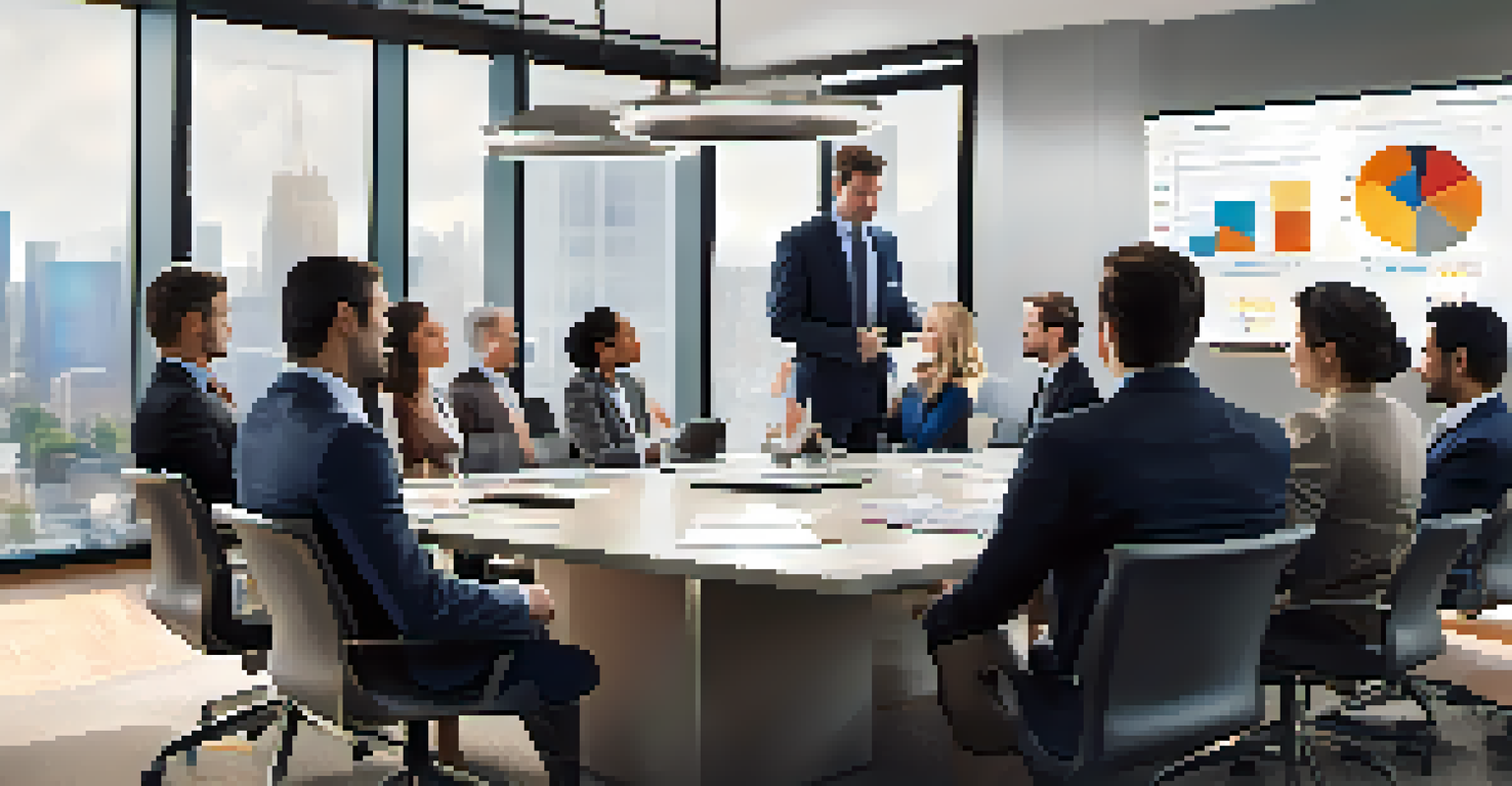 A diverse group of professionals in a modern conference room engaged in a real estate negotiation, with charts and graphs displayed on a screen.