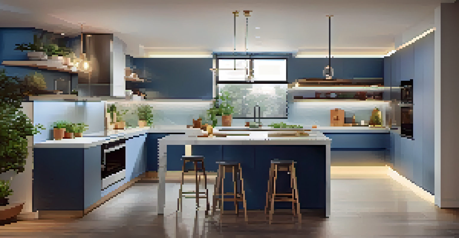 A modern kitchen with bright and soft lighting, featuring sleek appliances and fresh herbs.