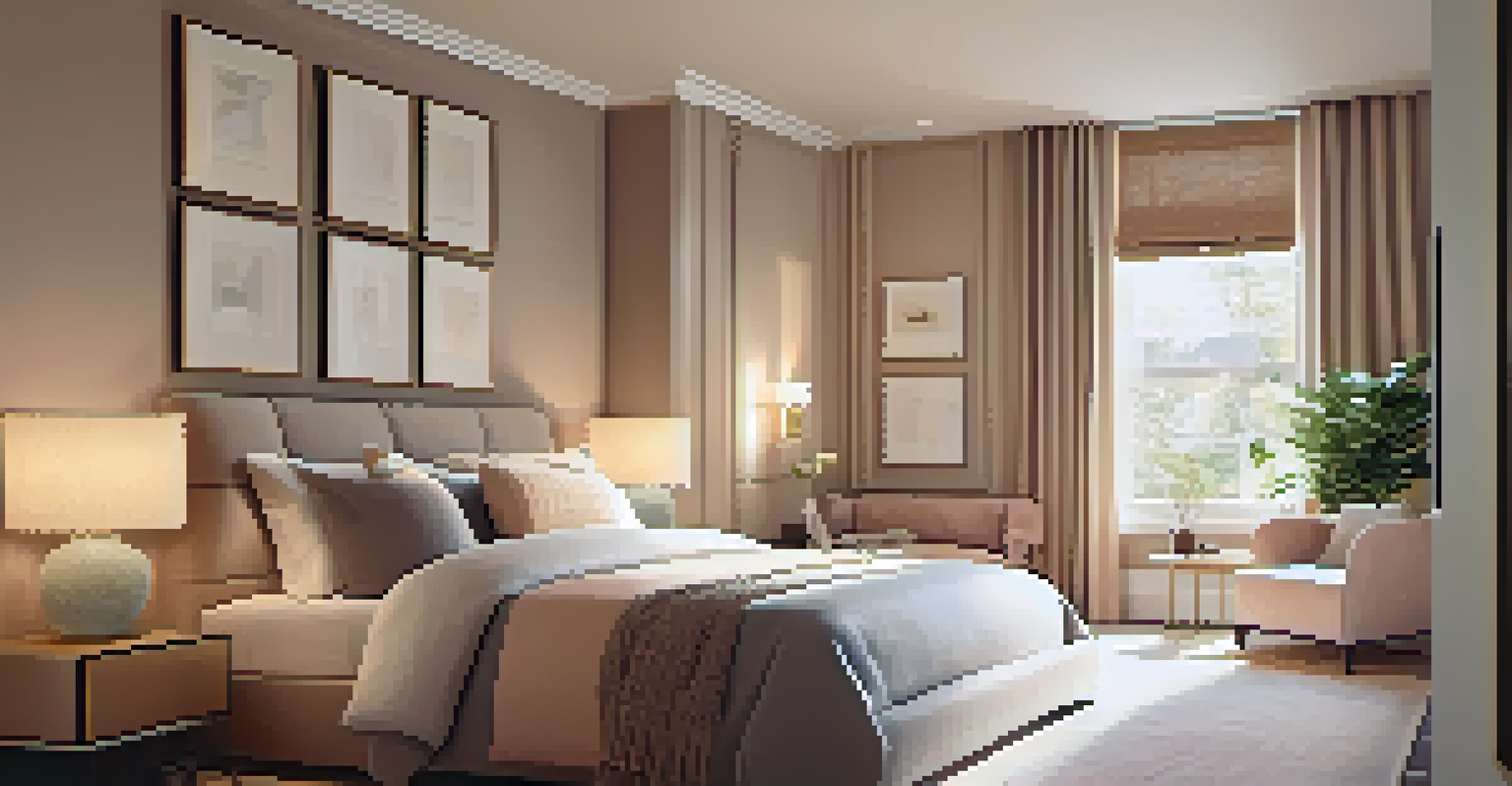 A stylish corner of a small bedroom with layered lighting, a bedside lamp, and a decorative mirror, creating a cozy atmosphere.
