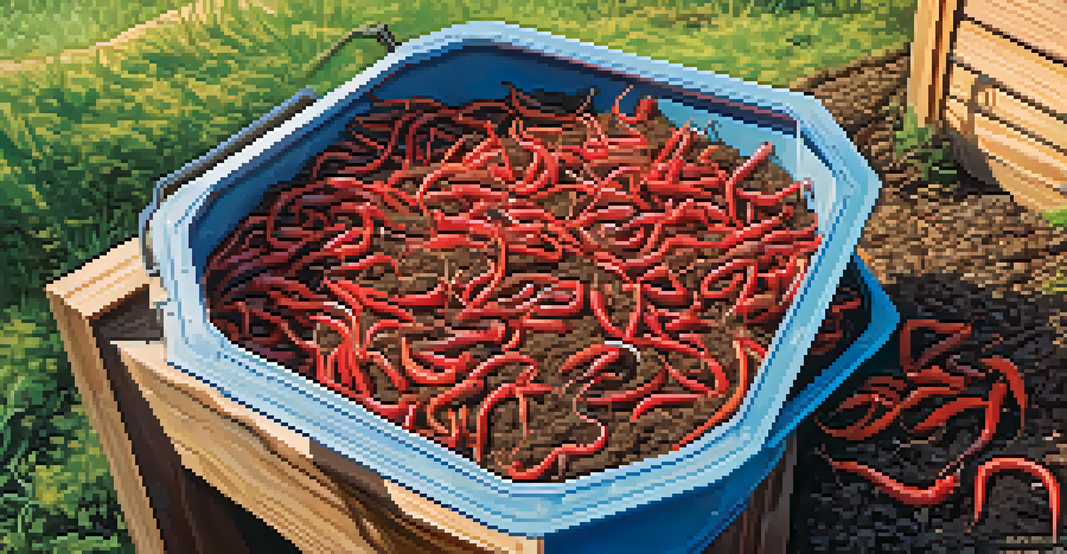 A worm composting bin outdoors filled with red wigglers and food scraps, set against a small garden backdrop with sunlight and shadows.