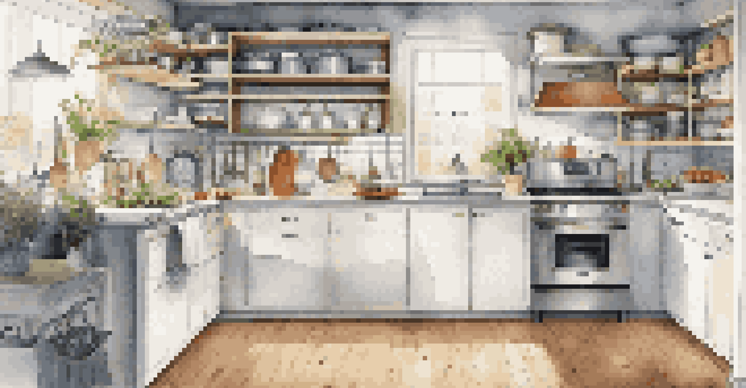 A modern kitchen with vertical storage solutions, including shelves with pots and pans and a pegboard with utensils. The kitchen is bright and organized.