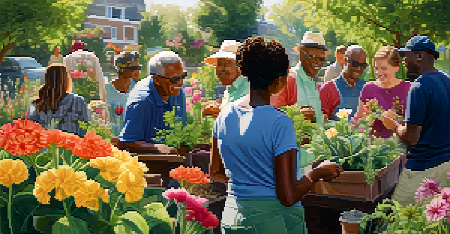 A diverse group of people working together in a colorful community garden, engaged in conversation.