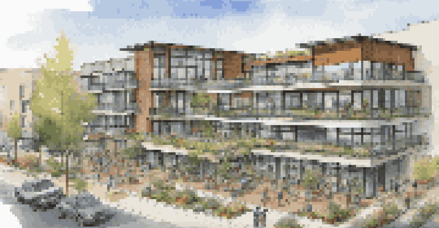 A mixed-use development with modern architecture, balconies, and outdoor seating, filled with people enjoying the community space.