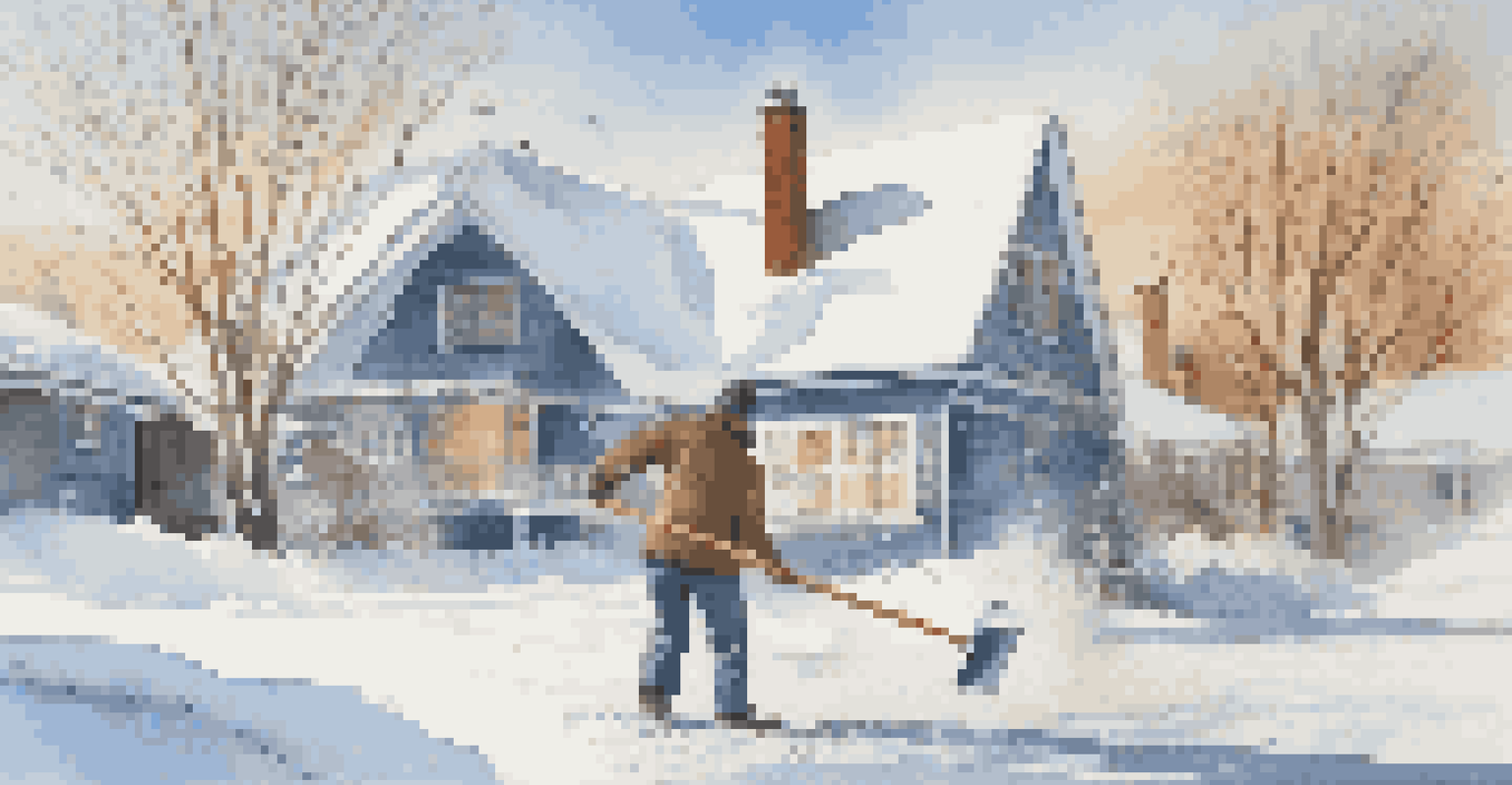 A person using a snow shovel in front of a house covered in snow, with a clear blue sky and bright sunlight highlighting the winter landscape.