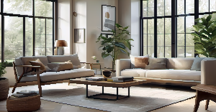 A modern and inviting living room with neutral colors and natural light, decorated with stylish furniture and indoor plants.