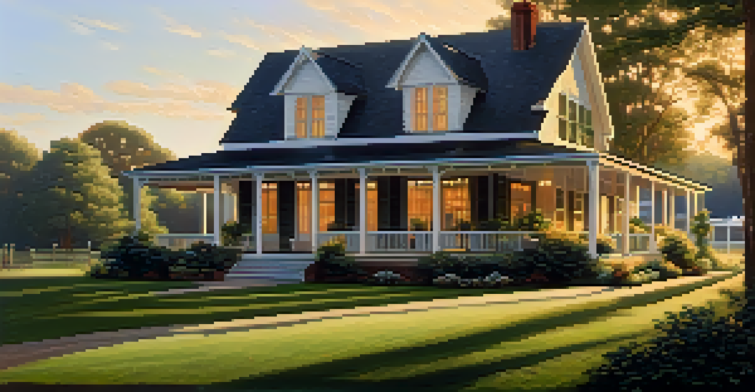 A picturesque rural house with a porch, garden, and trees, depicting peaceful country living.