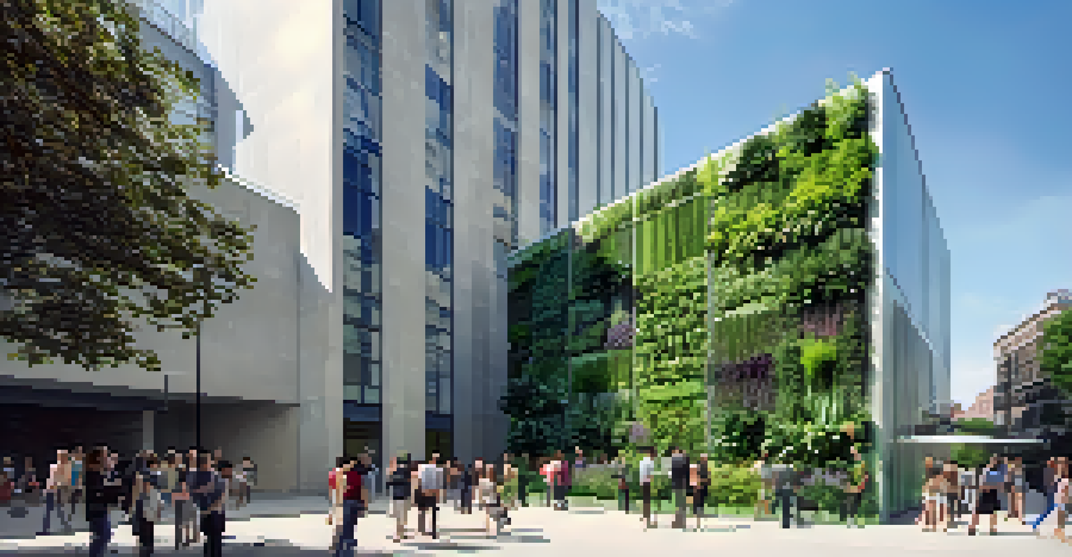 A large vertical living wall in an urban public space, displaying various shades of green, with people admiring it under a blue sky.