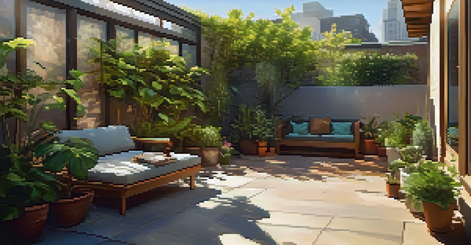A cozy rooftop garden with seating, a water feature, and various plants, illuminated by dappled sunlight.