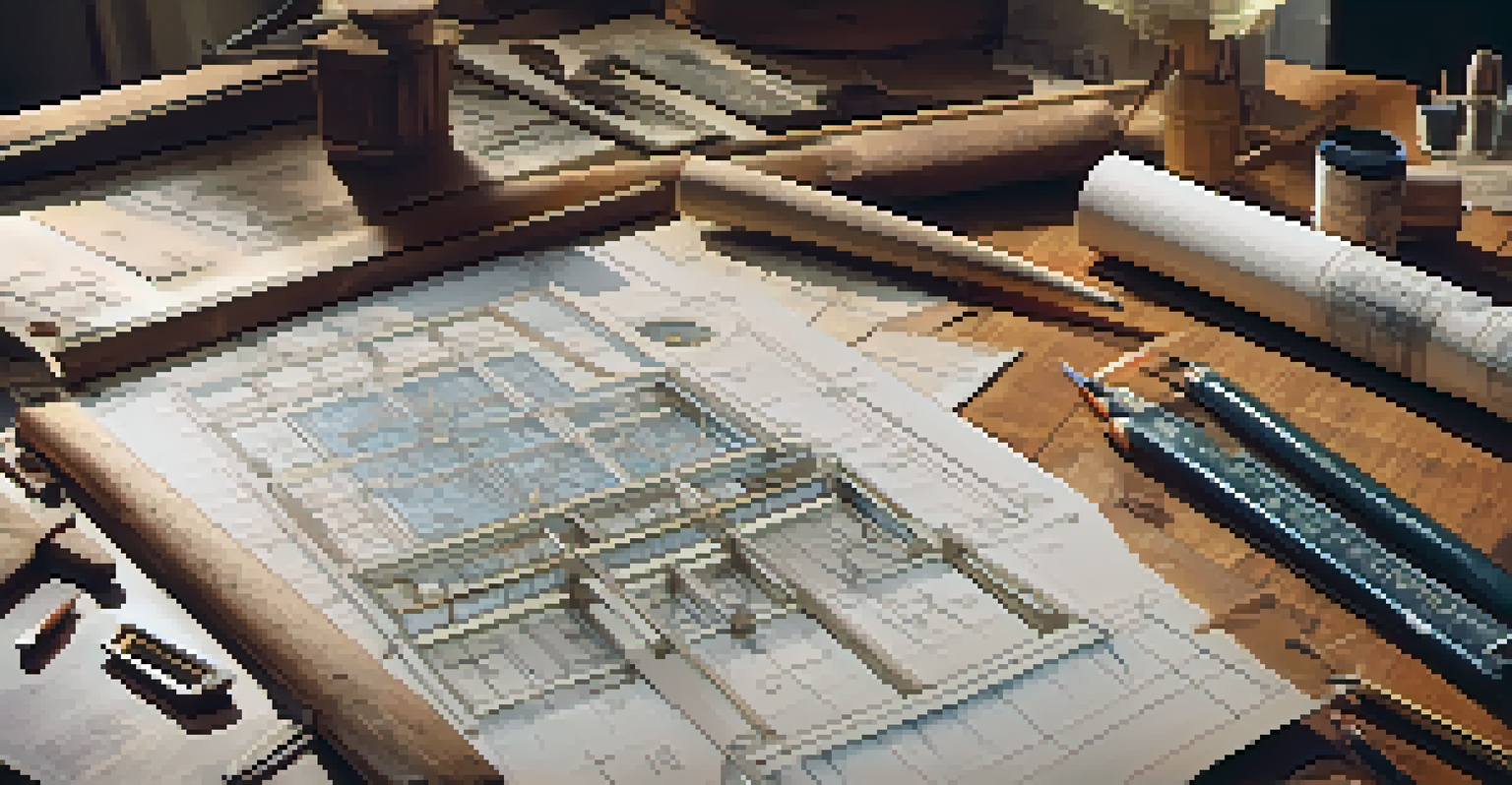 Close-up of architectural plans for a historic building renovation on a wooden table, surrounded by drafting tools and illuminated by soft daylight.
