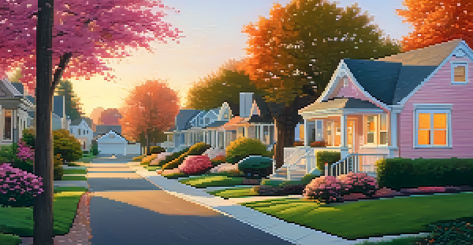 A picturesque suburban neighborhood bathed in the warm colors of the sunset, featuring tidy homes and vibrant gardens.