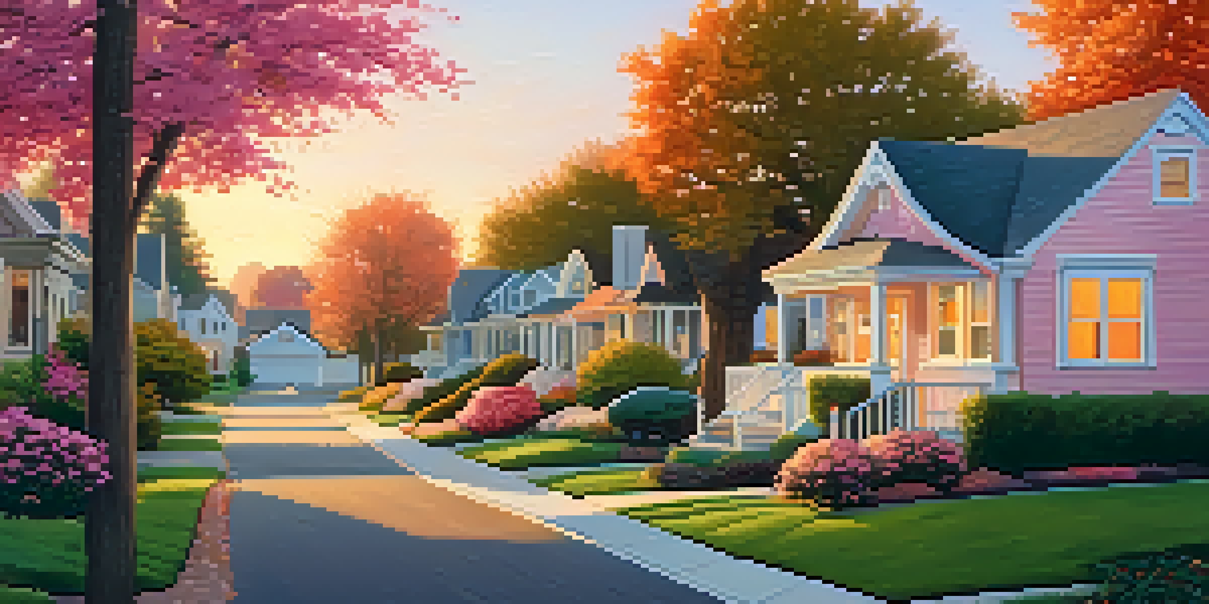 A picturesque suburban neighborhood bathed in the warm colors of the sunset, featuring tidy homes and vibrant gardens.