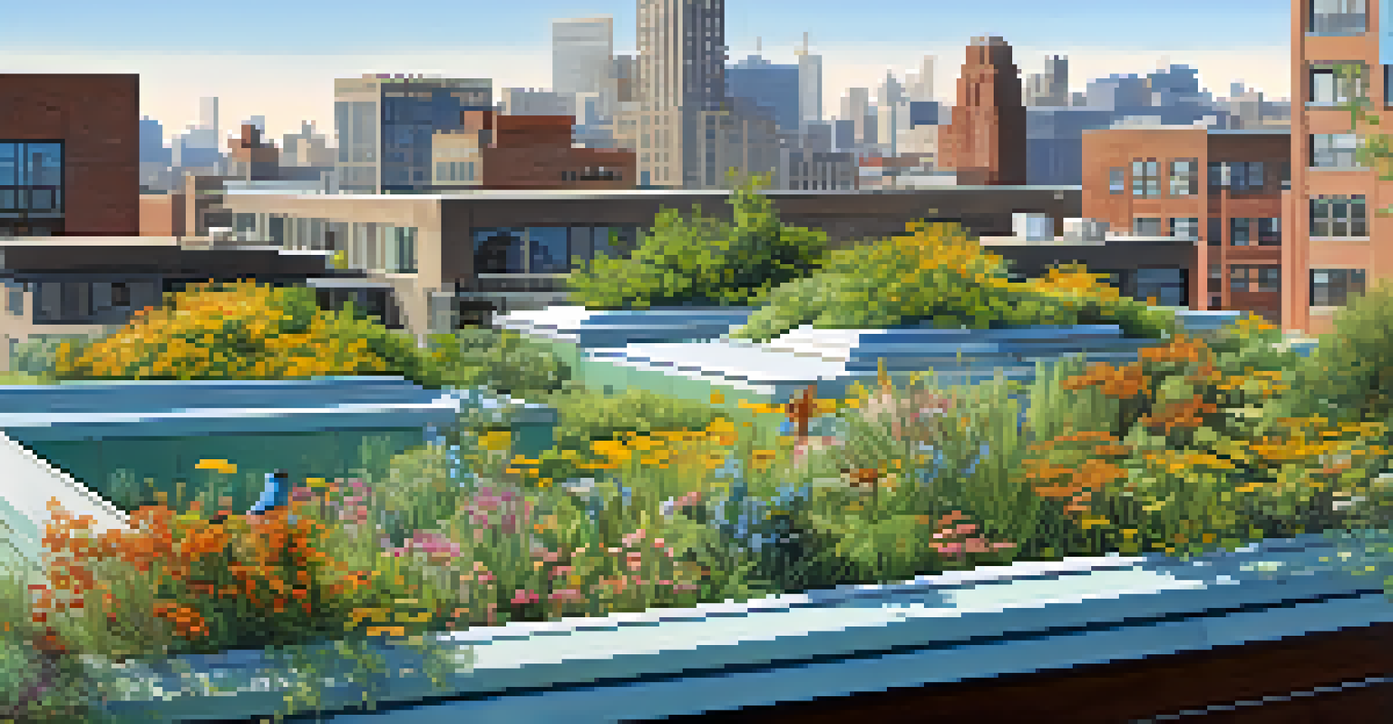 An aerial view of a green roof with native plants and butterflies, blending urban architecture with nature.