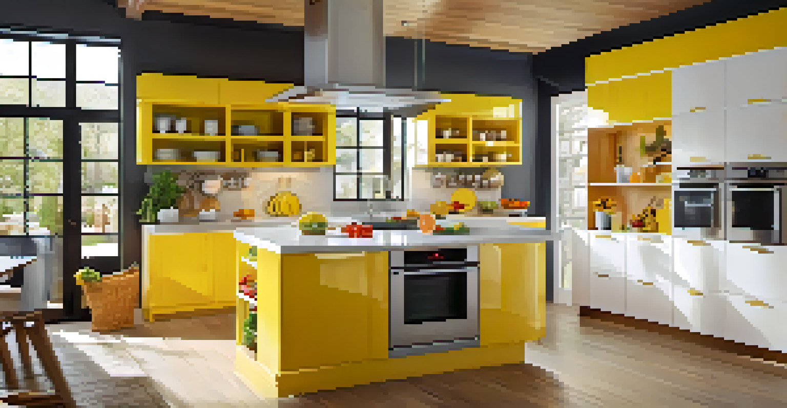 A modern kitchen filled with bright yellow and white colors, fresh fruits on the island, and colorful cookware creating a lively atmosphere.