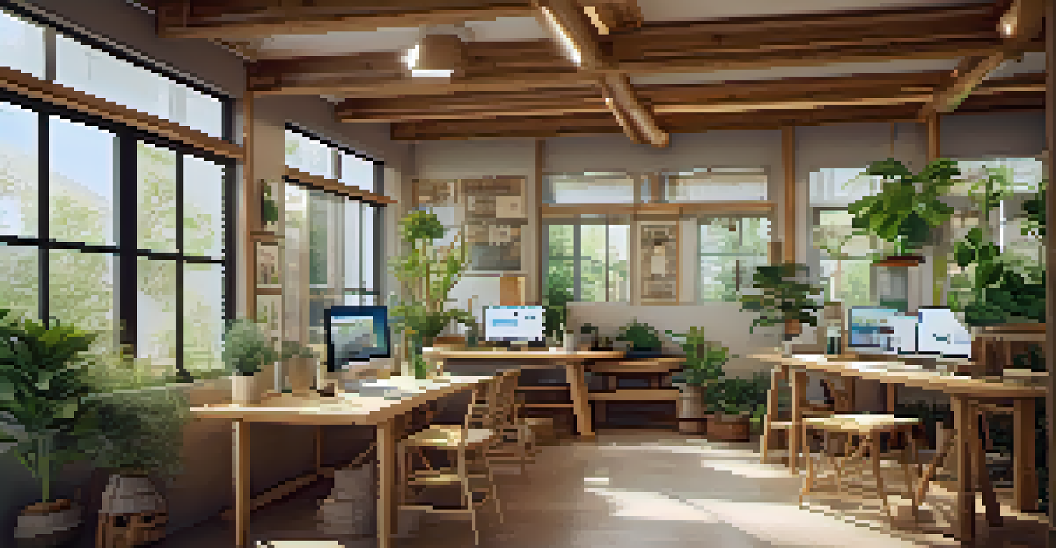 A modern workspace with bamboo furniture and potted plants, filled with natural light and eco-certifications on the wall.