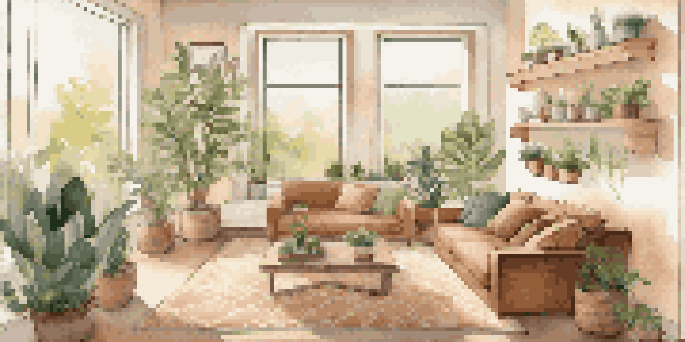 A cozy living room with energy-efficient upgrades, including large windows, LED lights, and a smart thermostat, decorated with plants and earthy colors.
