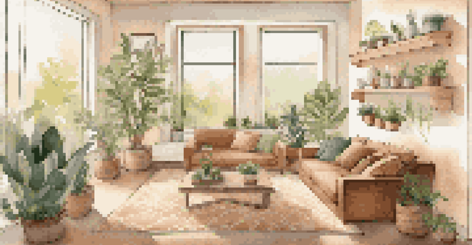 A cozy living room with energy-efficient upgrades, including large windows, LED lights, and a smart thermostat, decorated with plants and earthy colors.