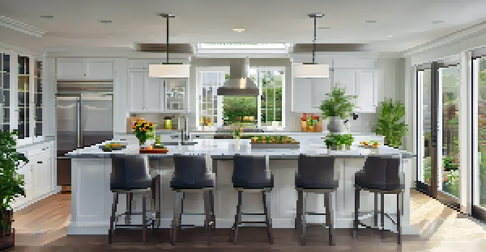 A contemporary kitchen with stainless steel appliances, a central island, bright cabinetry, and a herb garden by the window.