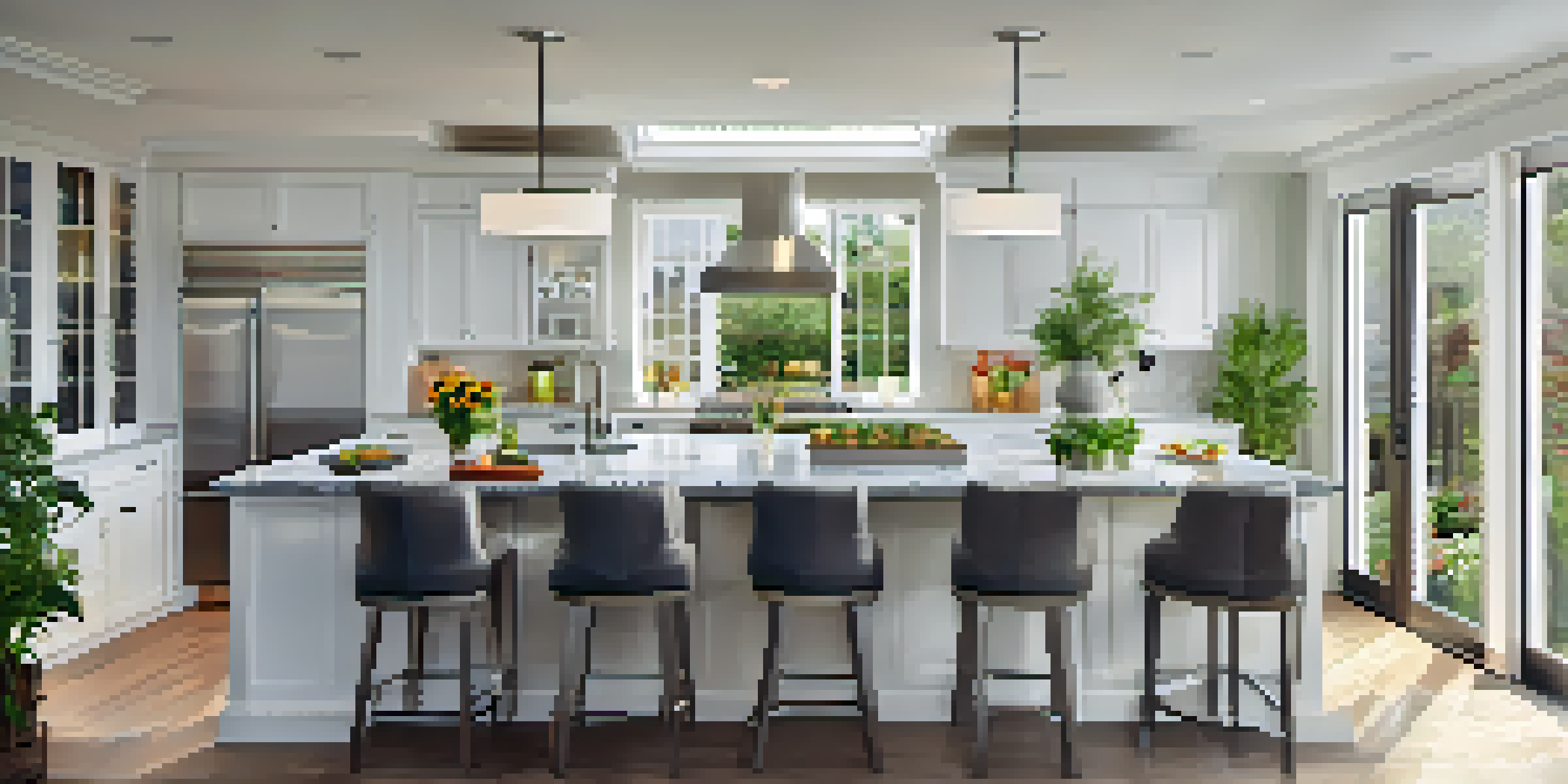 A contemporary kitchen with stainless steel appliances, a central island, bright cabinetry, and a herb garden by the window.