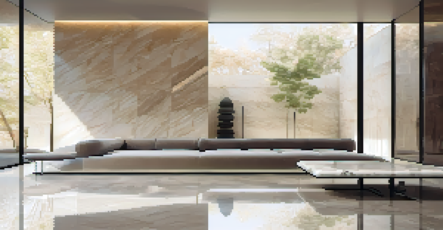 A minimalist interior of the Barcelona Pavilion, showcasing clean lines, onyx and marble materials, and softly illuminated open spaces.