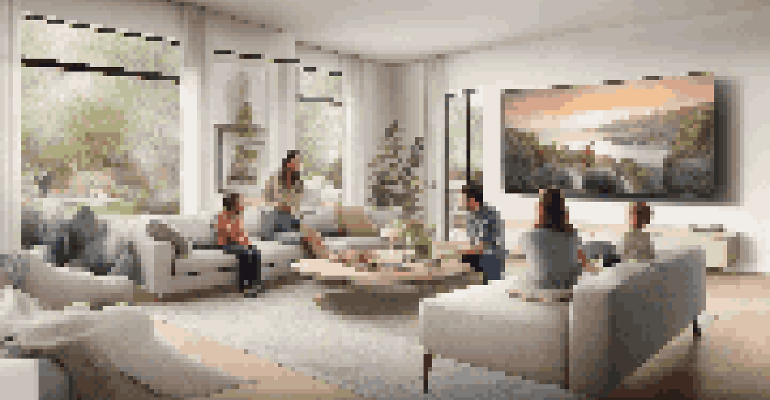 A family watching a virtual tour of a home on a big screen in their cozy living room.