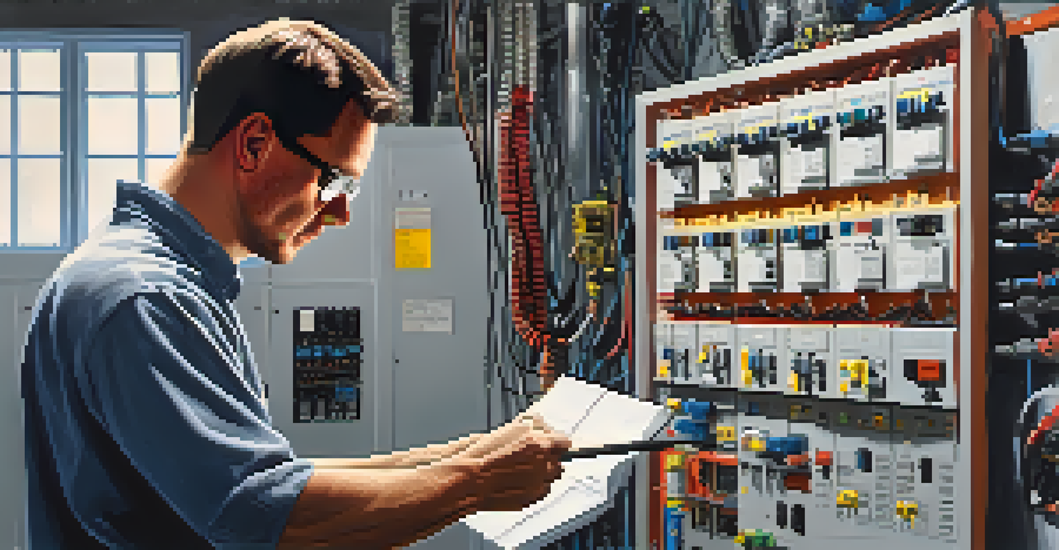 An electrician examining a modern electrical panel in a clean basement.