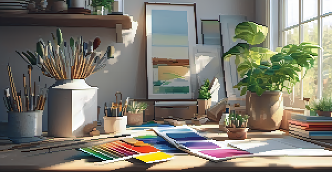 A bright and organized home renovation workspace with tools, paint samples, and sunlight illuminating the area.