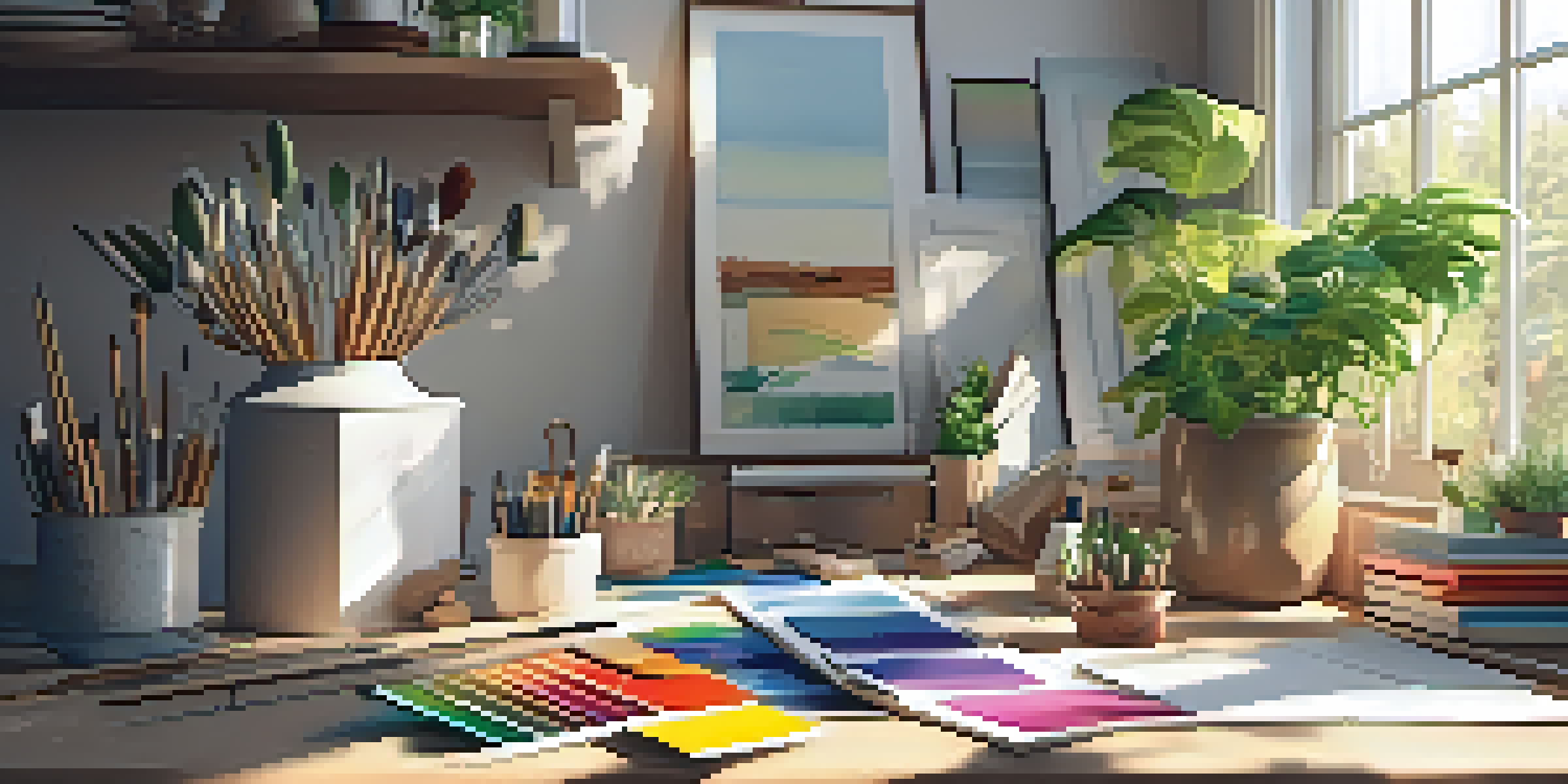 A bright and organized home renovation workspace with tools, paint samples, and sunlight illuminating the area.