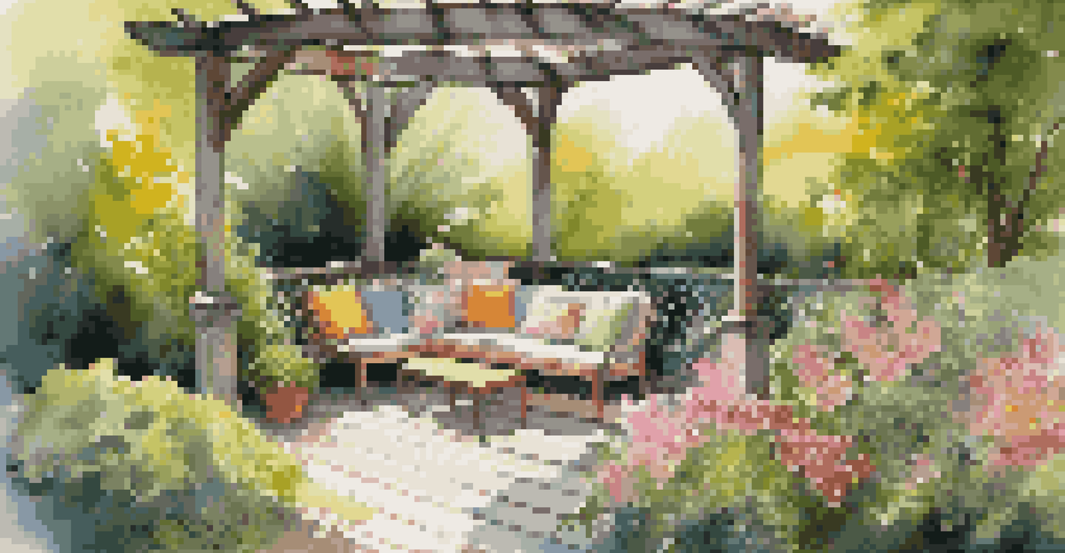 A serene backyard garden with blooming flowers, a wooden deck, and a seating area under a pergola, bathed in soft sunlight.