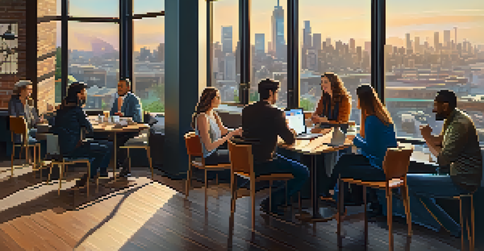 A diverse group of people discussing real estate crowdfunding in a coffee shop, with laptops and documents on a table and a city skyline visible through the window.