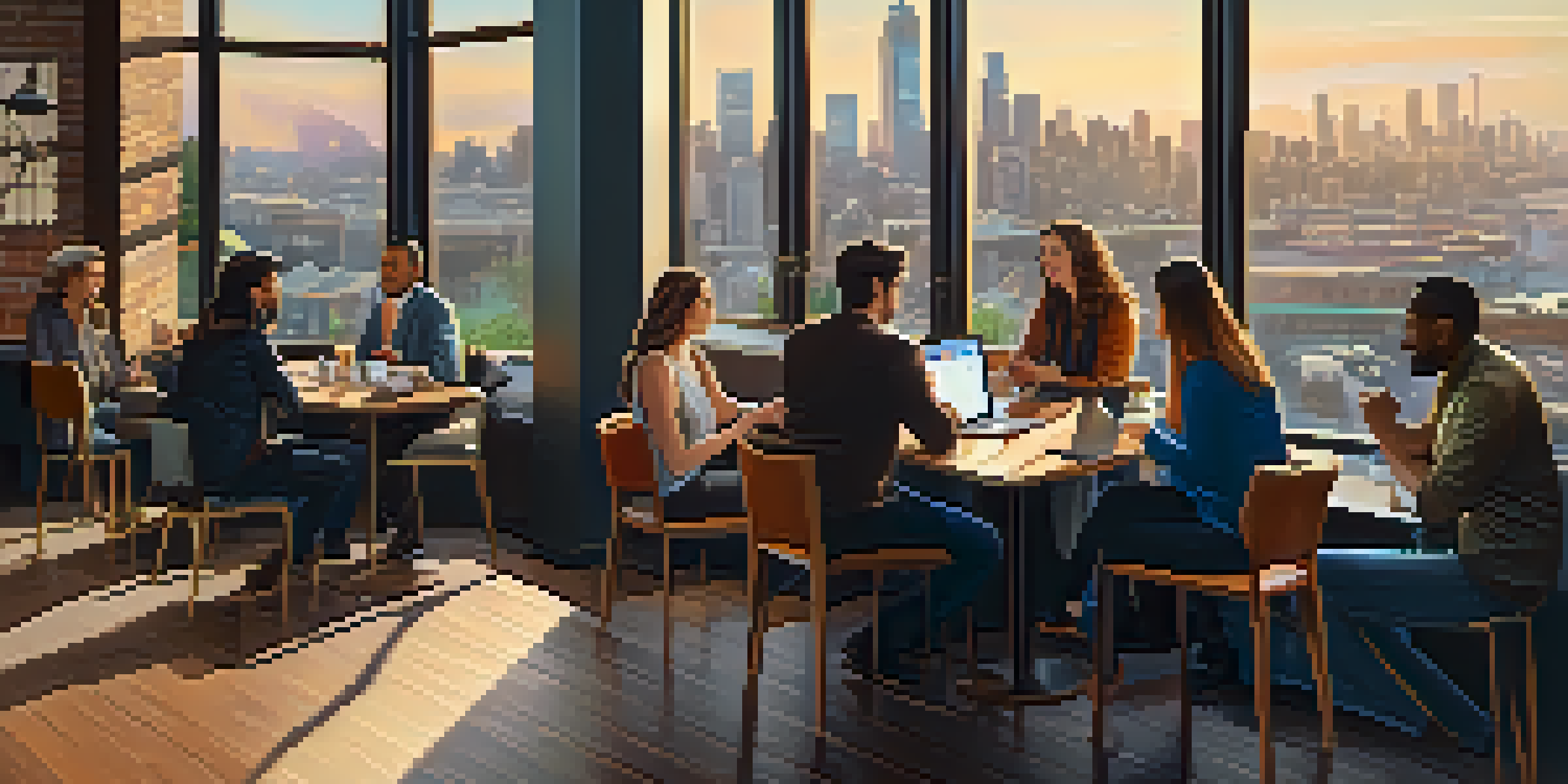 A diverse group of people discussing real estate crowdfunding in a coffee shop, with laptops and documents on a table and a city skyline visible through the window.