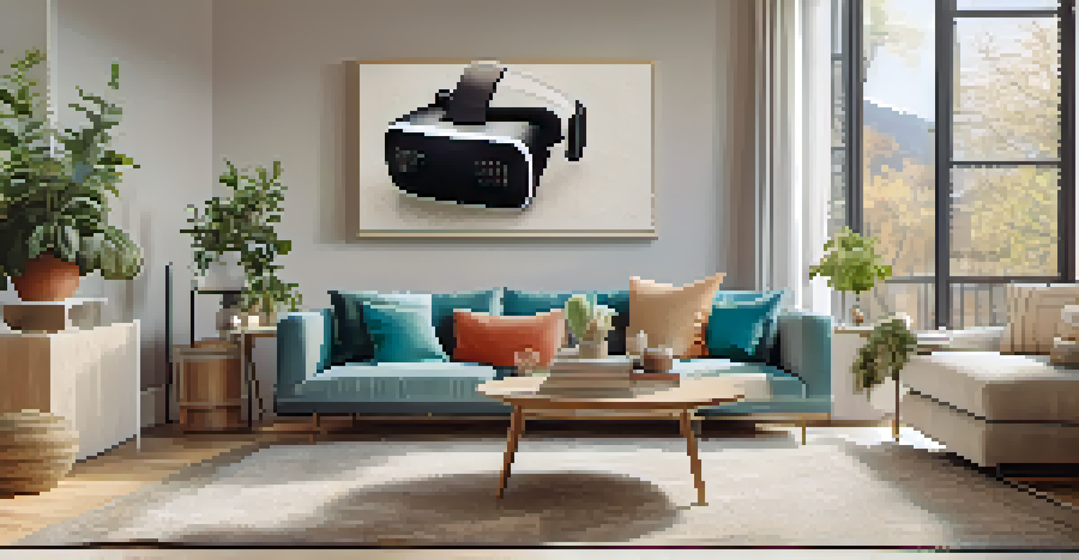 A virtual reality headset on a coffee table in a cozy living room, highlighting the integration of technology in home staging.