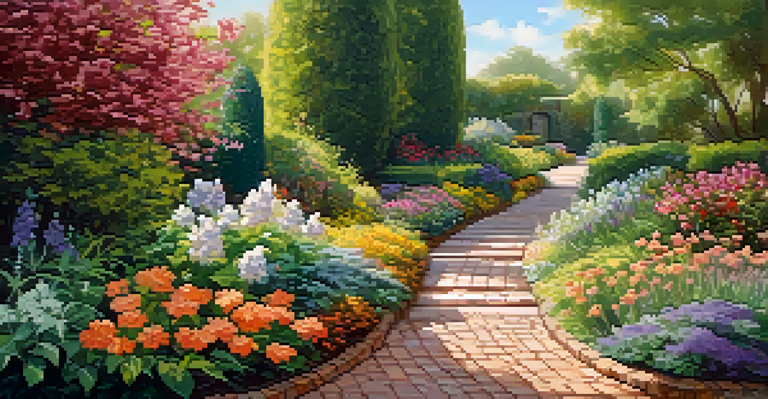 A beautiful brick garden pathway bordered by decorative stones, leading through a garden filled with vibrant plants and flowers.
