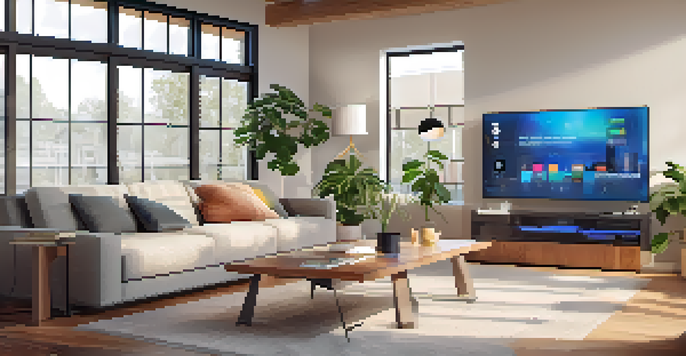 A bright and cozy living room with a smart home hub on a coffee table, showcasing energy usage data on a tablet.