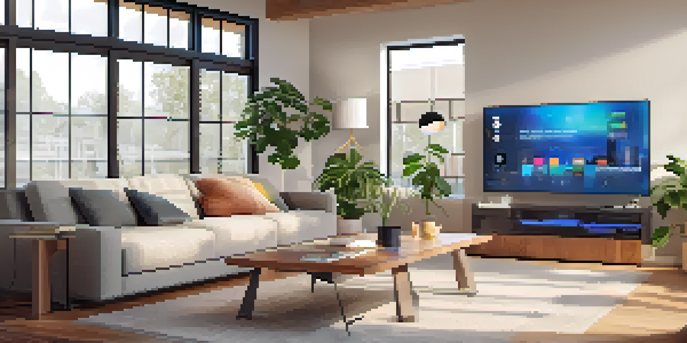 A bright and cozy living room with a smart home hub on a coffee table, showcasing energy usage data on a tablet.