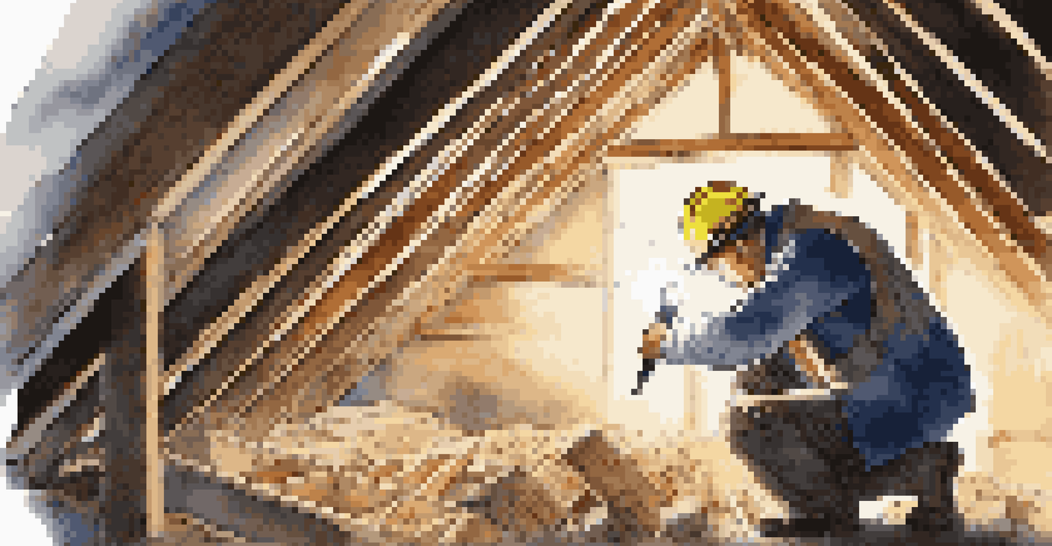 A property inspector in an attic, checking wooden beams and insulation with a flashlight.