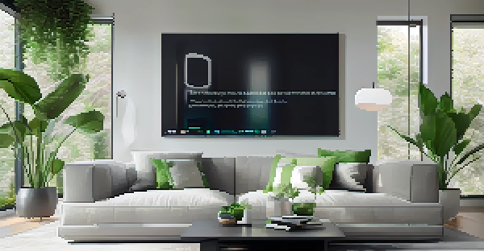 A bright and modern living room showcasing smart home devices, decorated in minimalist style with plants and natural light.