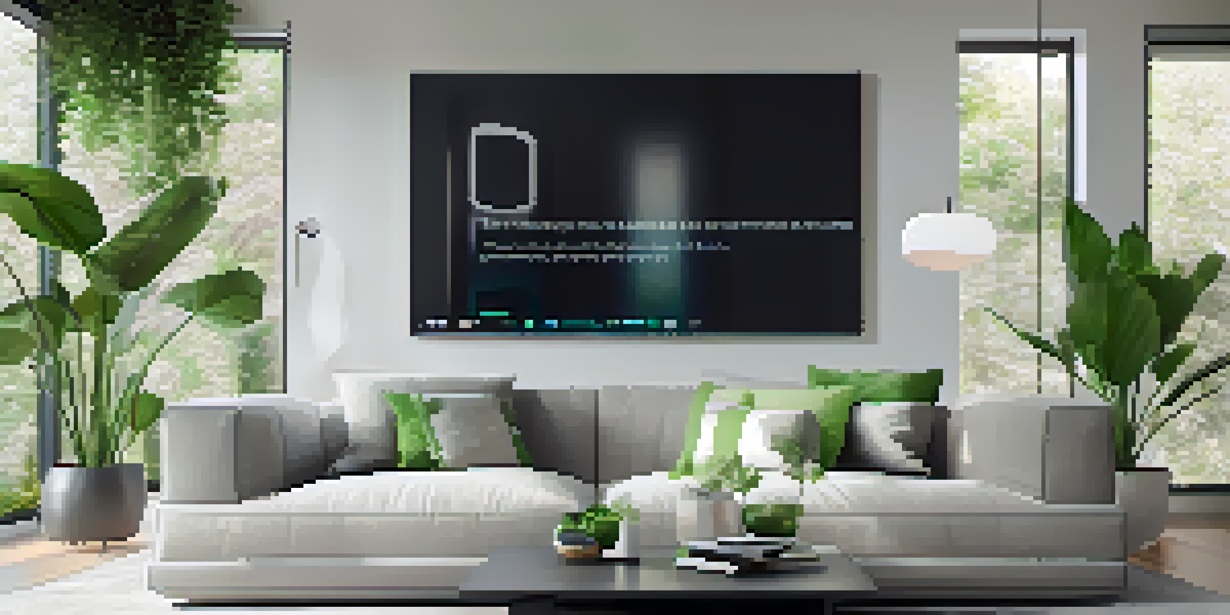 A bright and modern living room showcasing smart home devices, decorated in minimalist style with plants and natural light.