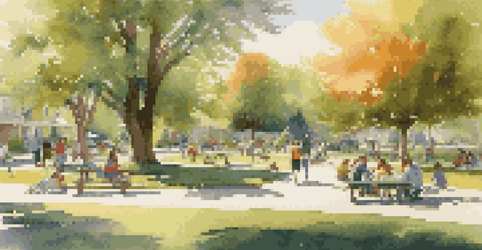 A sunny community park with families picnicking, children playing, and neighbors chatting, surrounded by lush greenery and colorful flowers.