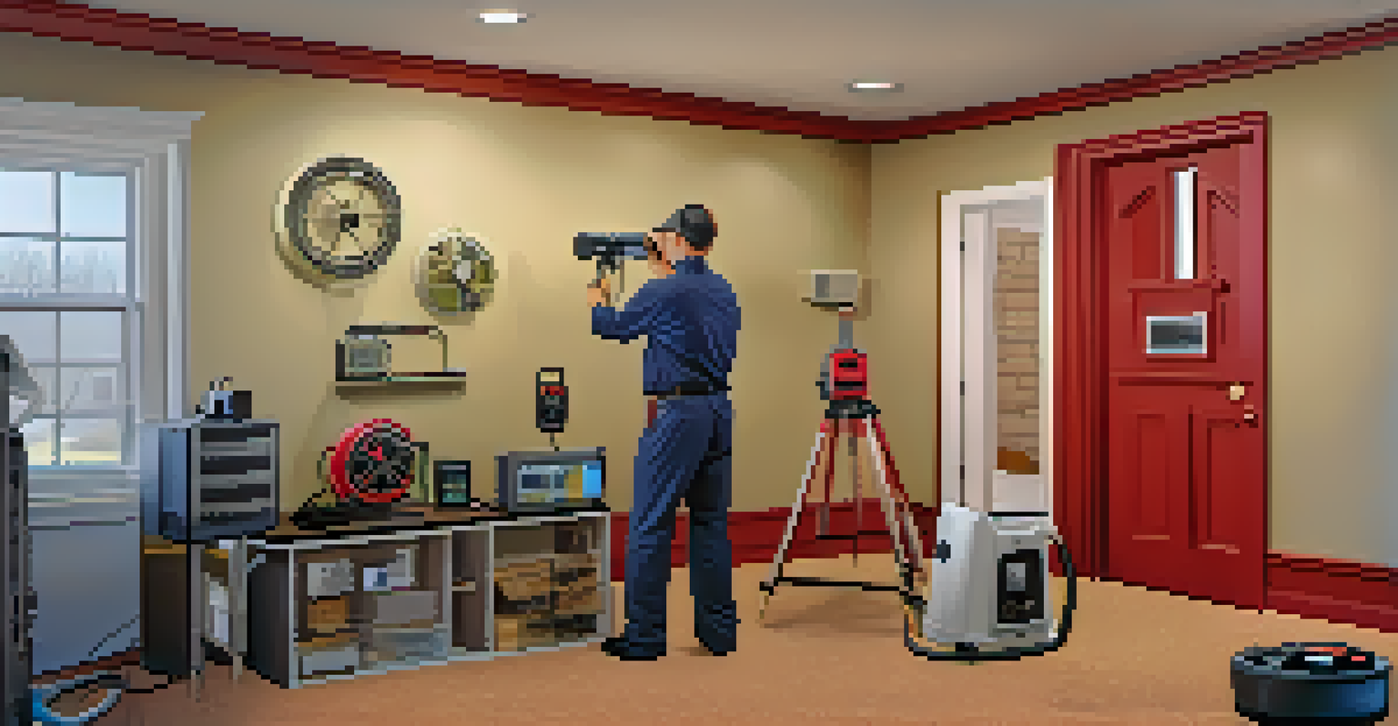 An energy auditor examining a home's insulation with specialized equipment in a well-lit basement.