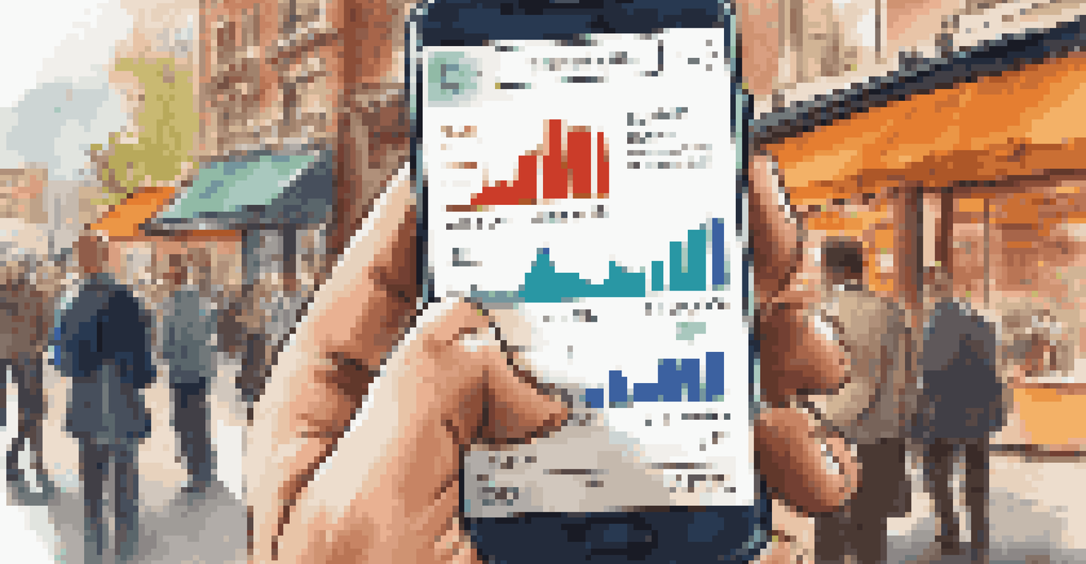 A hand holding a smartphone showing stock market graphs in a busy coffee shop setting.