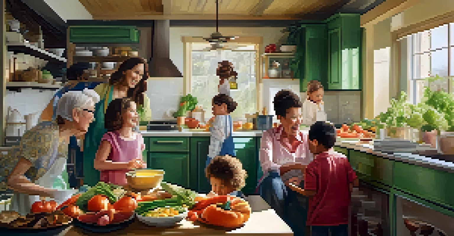 A multi-generational family cooking together in a modern kitchen, showcasing teamwork and learning.