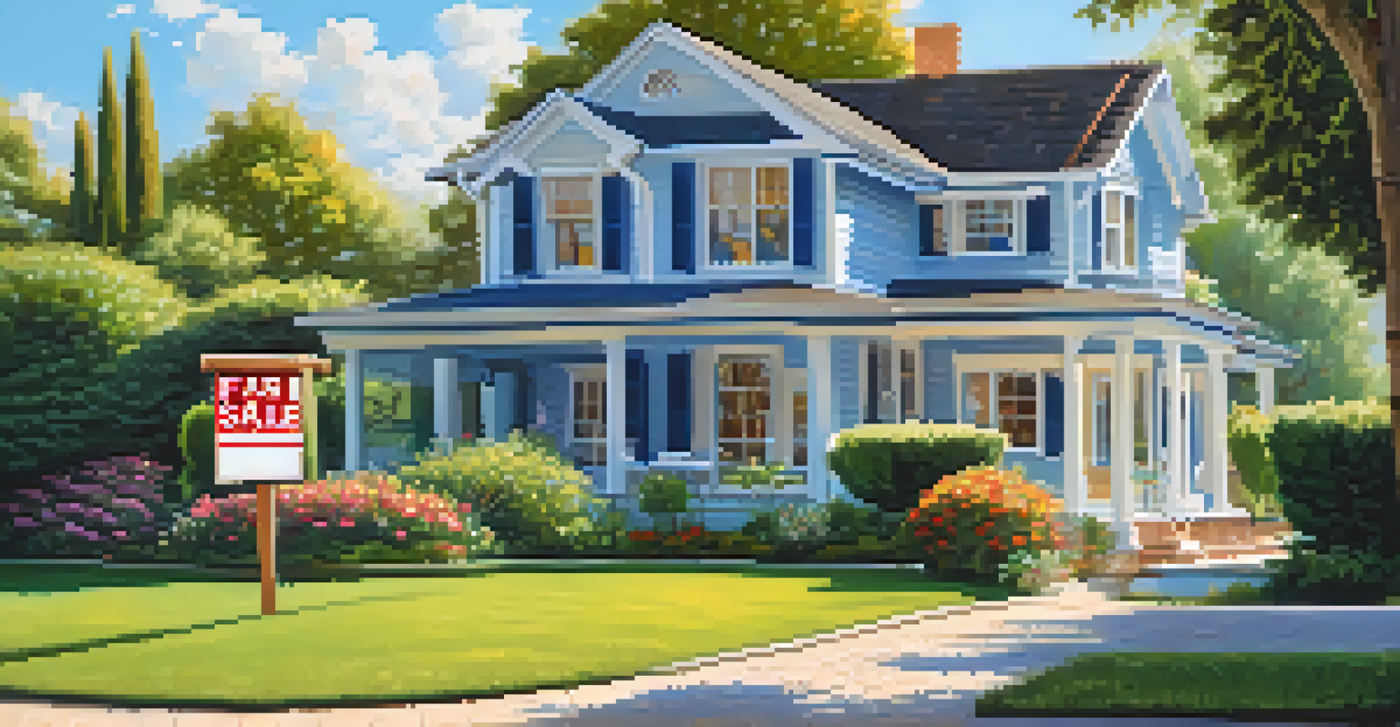 A charming house with a 'For Sale' sign and an inspector examining the roof, surrounded by a garden.