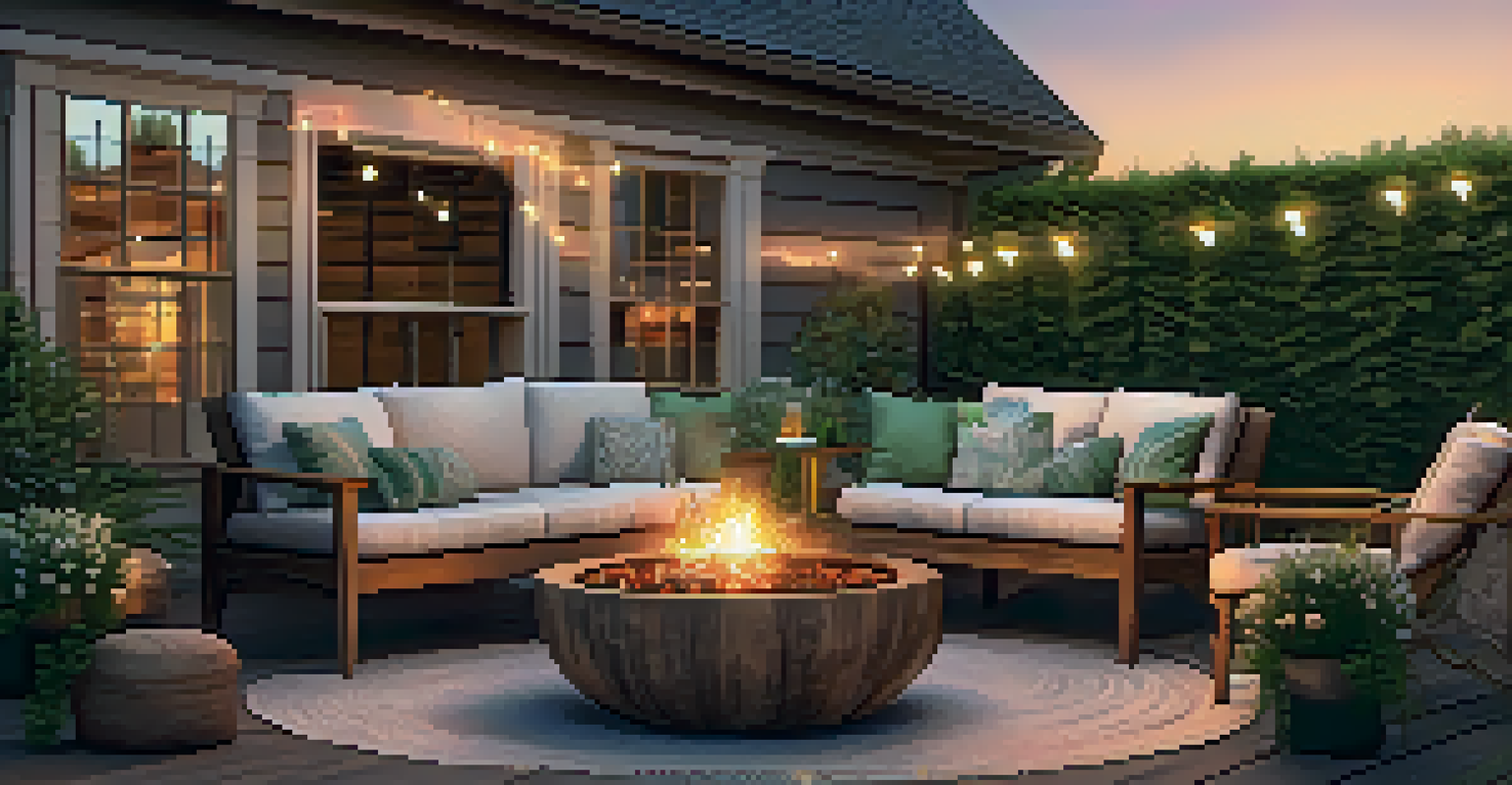 A cozy outdoor patio with a table, seating, and fire pit, illuminated by fairy lights during sunset.