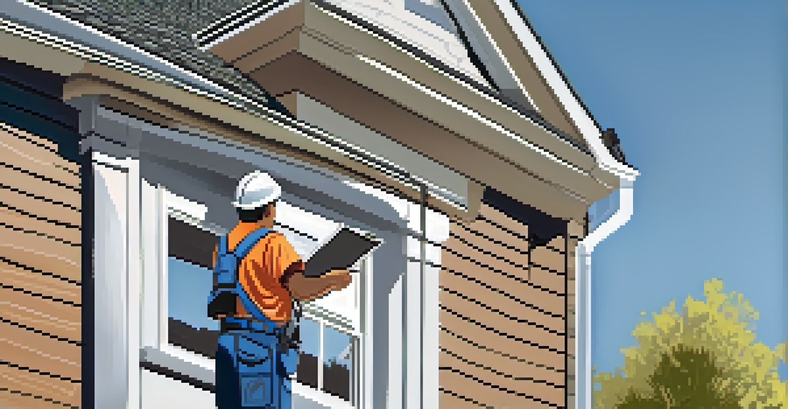 A home inspector closely examining a roof with a clipboard, highlighting the roofing materials and a well-maintained house in the background.