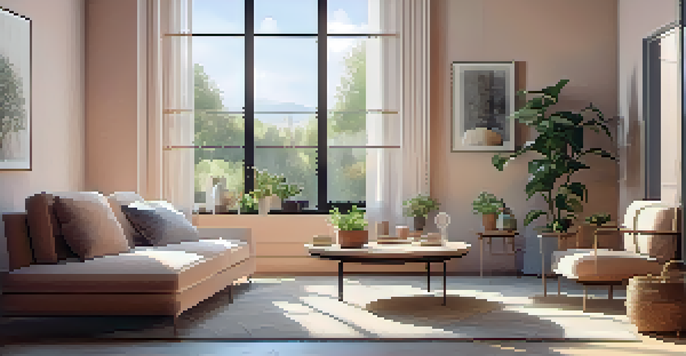 A bright and cozy modern living room with a stylish sofa, coffee table, and large window allowing natural light to fill the room.