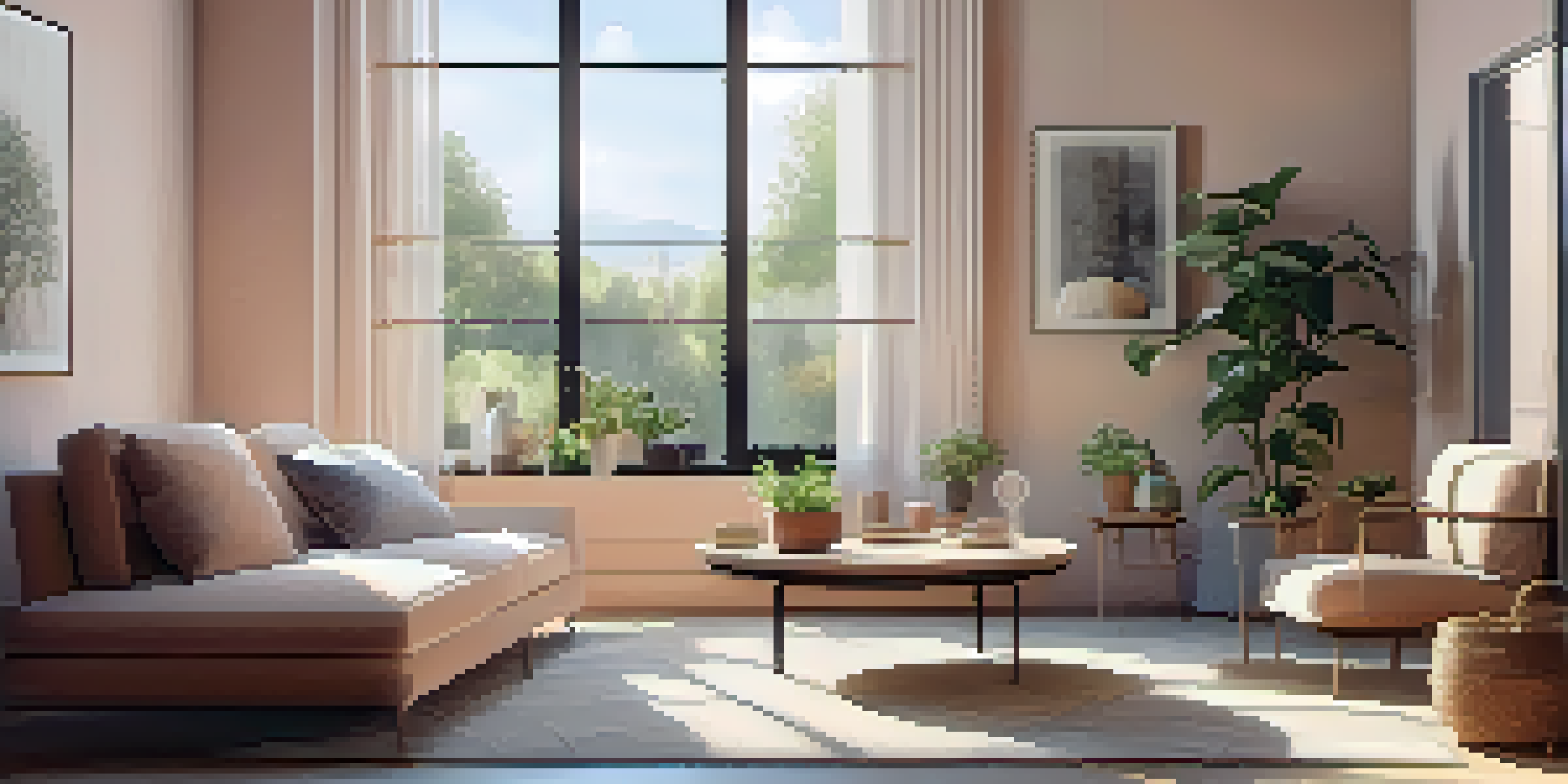 A bright and cozy modern living room with a stylish sofa, coffee table, and large window allowing natural light to fill the room.