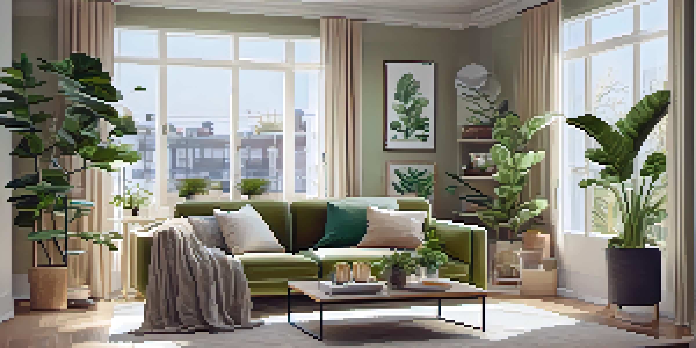 A bright and inviting condo living room with modern furniture and houseplants, showcasing a cozy atmosphere.