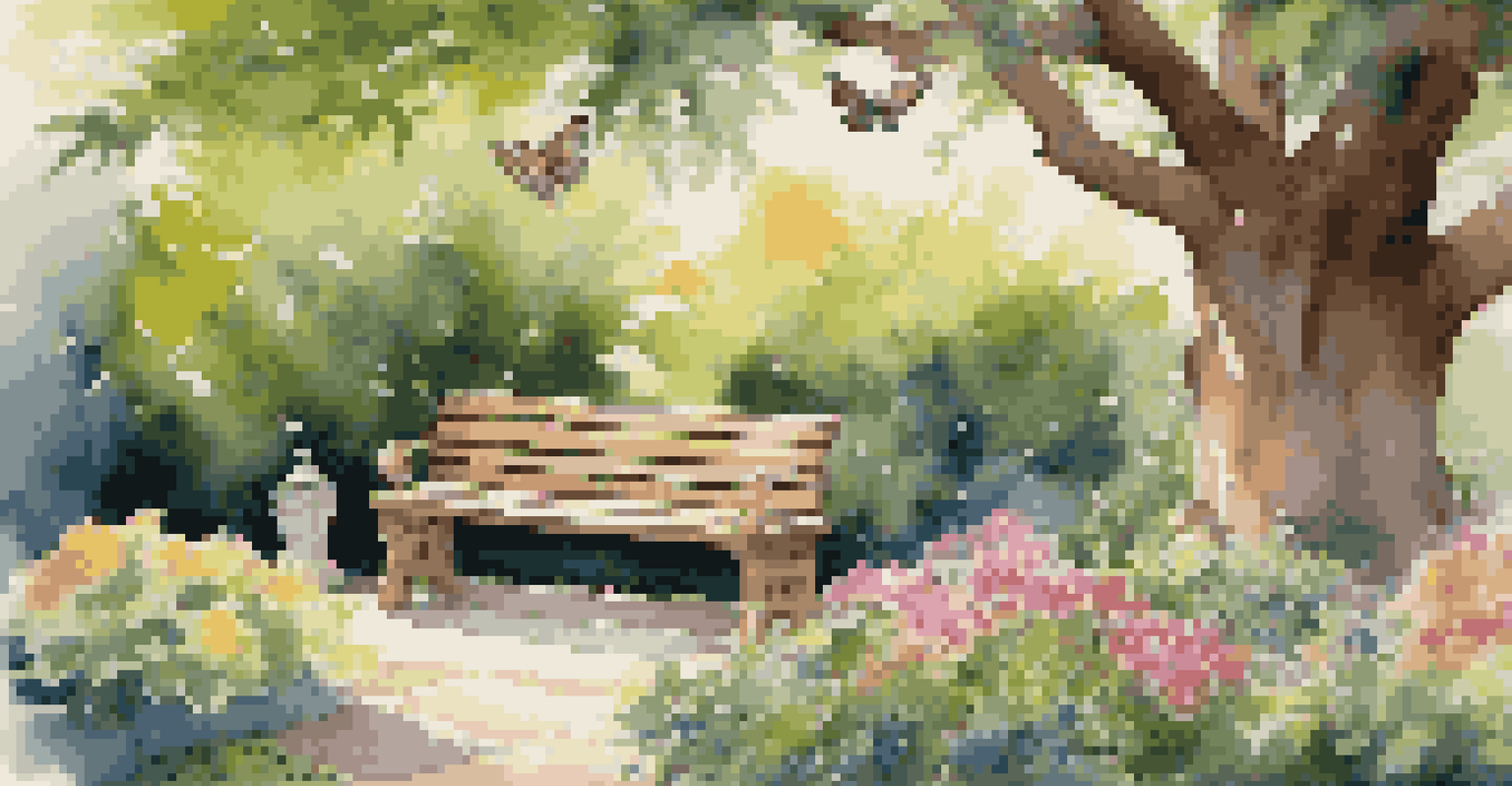 A vibrant garden with blooming flowers, a wooden bench under an oak tree, and butterflies flying around.