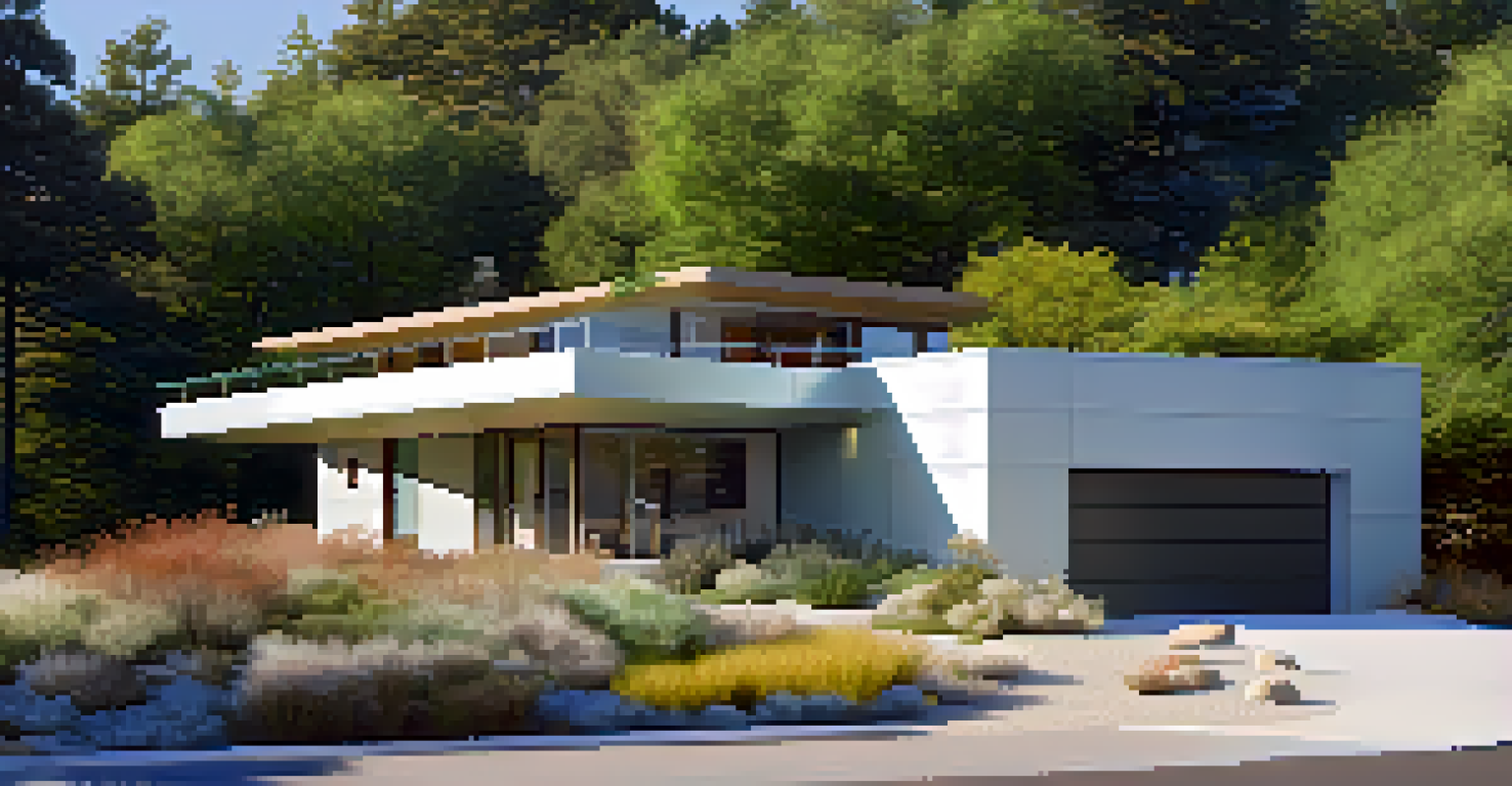 A modern house with a green roof and solar panels, surrounded by trees providing shade, under a clear blue sky.